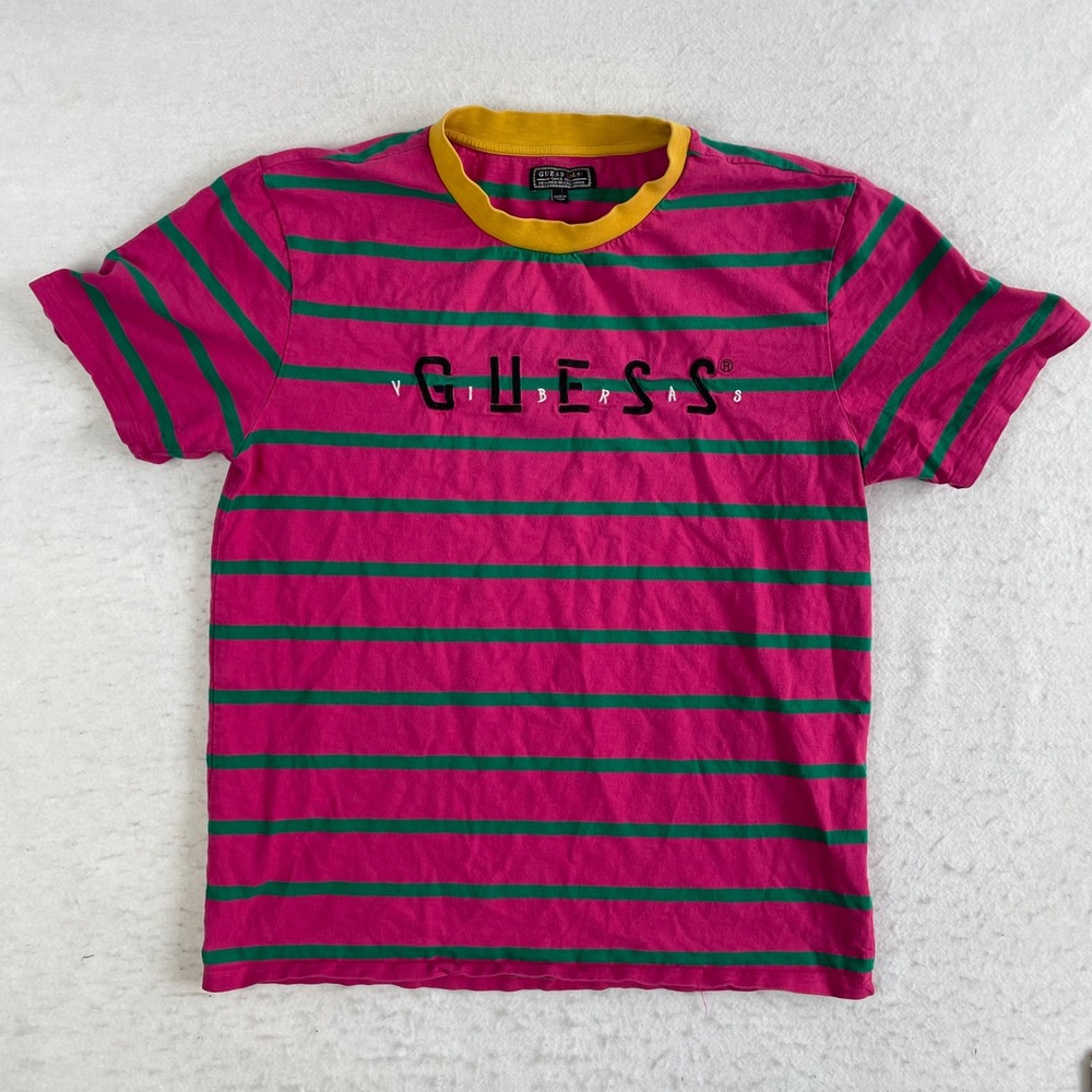 Guess T-Shirt Mens Medium Pink Green Striped J Balvin Collab Logo Tee